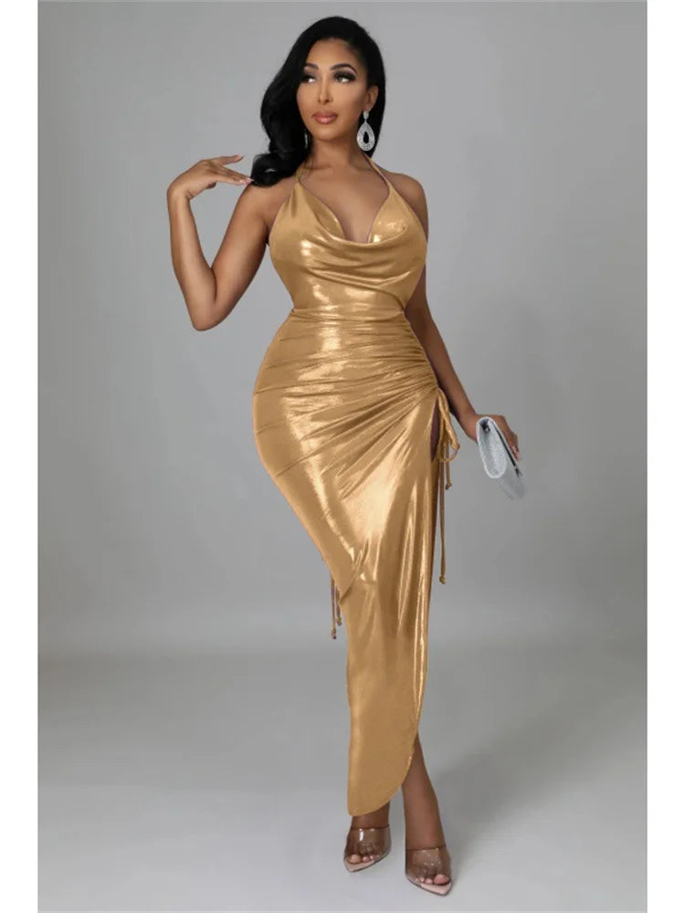 Wmstar Party Dresses Women Christmas Slip Draped V Neck Sexy Luxury Elegant Maxi Dress Birthday Outfits Wholesale Dropshipping Khaki