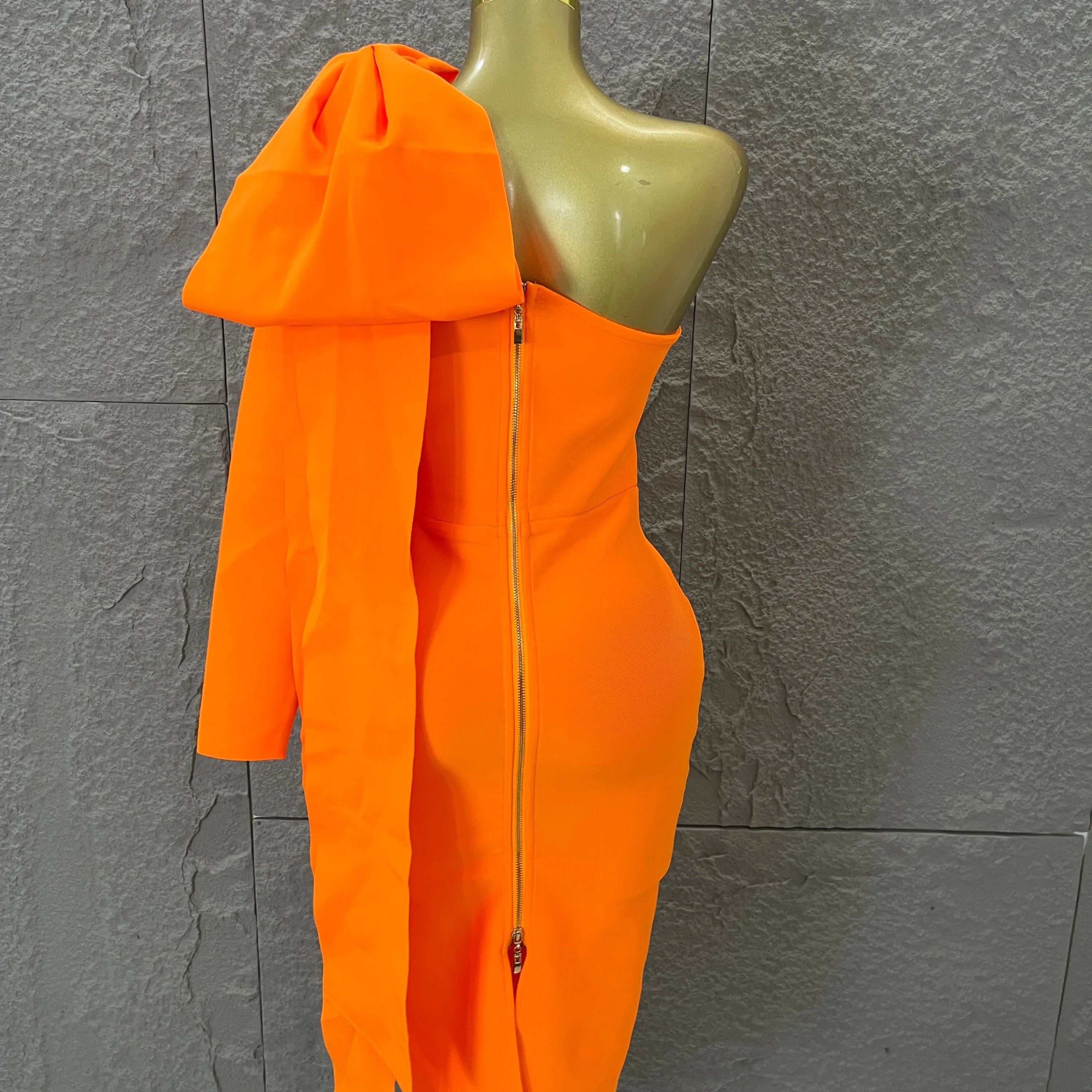 Vibrant Orange Single Sleeve Bow Shoulder Bandage Dress Slim Fit Midi Evening Birthday Nightclub Banquet Formal Dinner Outfit