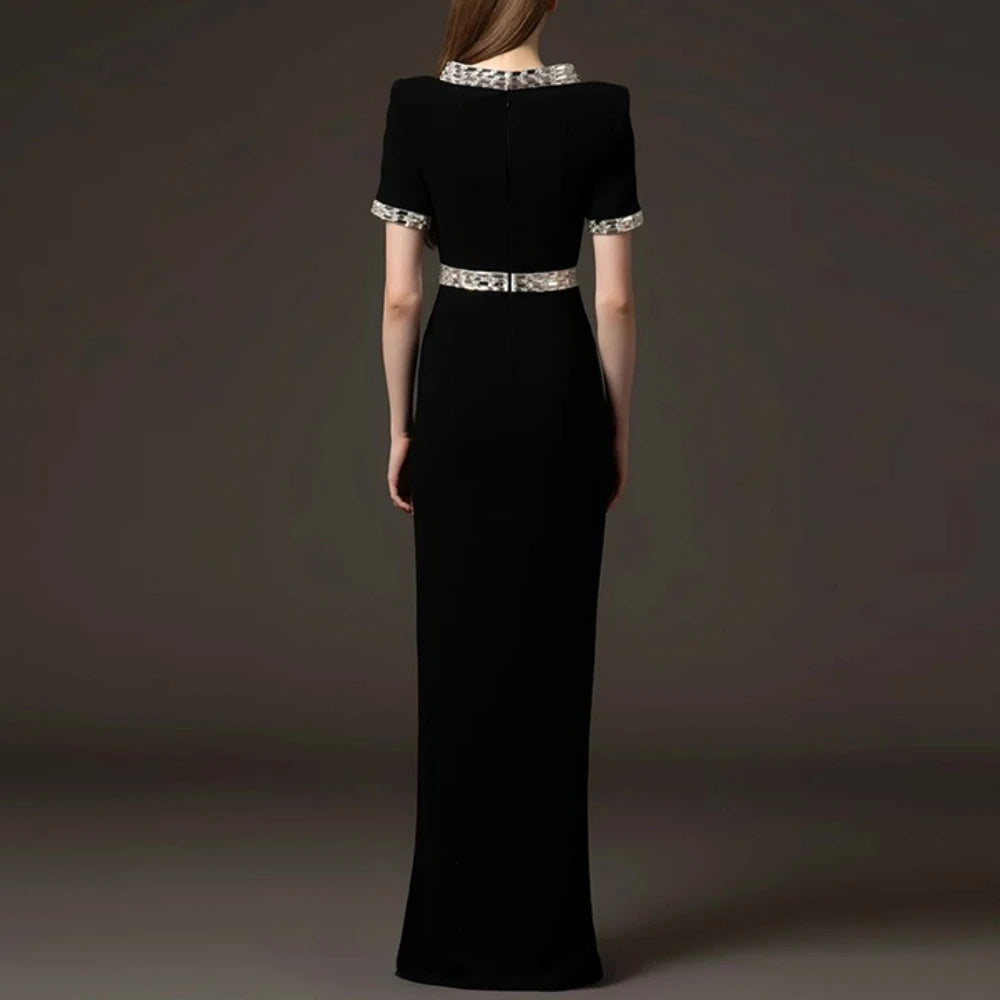 Solid Spliced Bead Elegant Dresses for Women V Neck Short Sleeves High Waist Patchwork Split Long Dress Female New