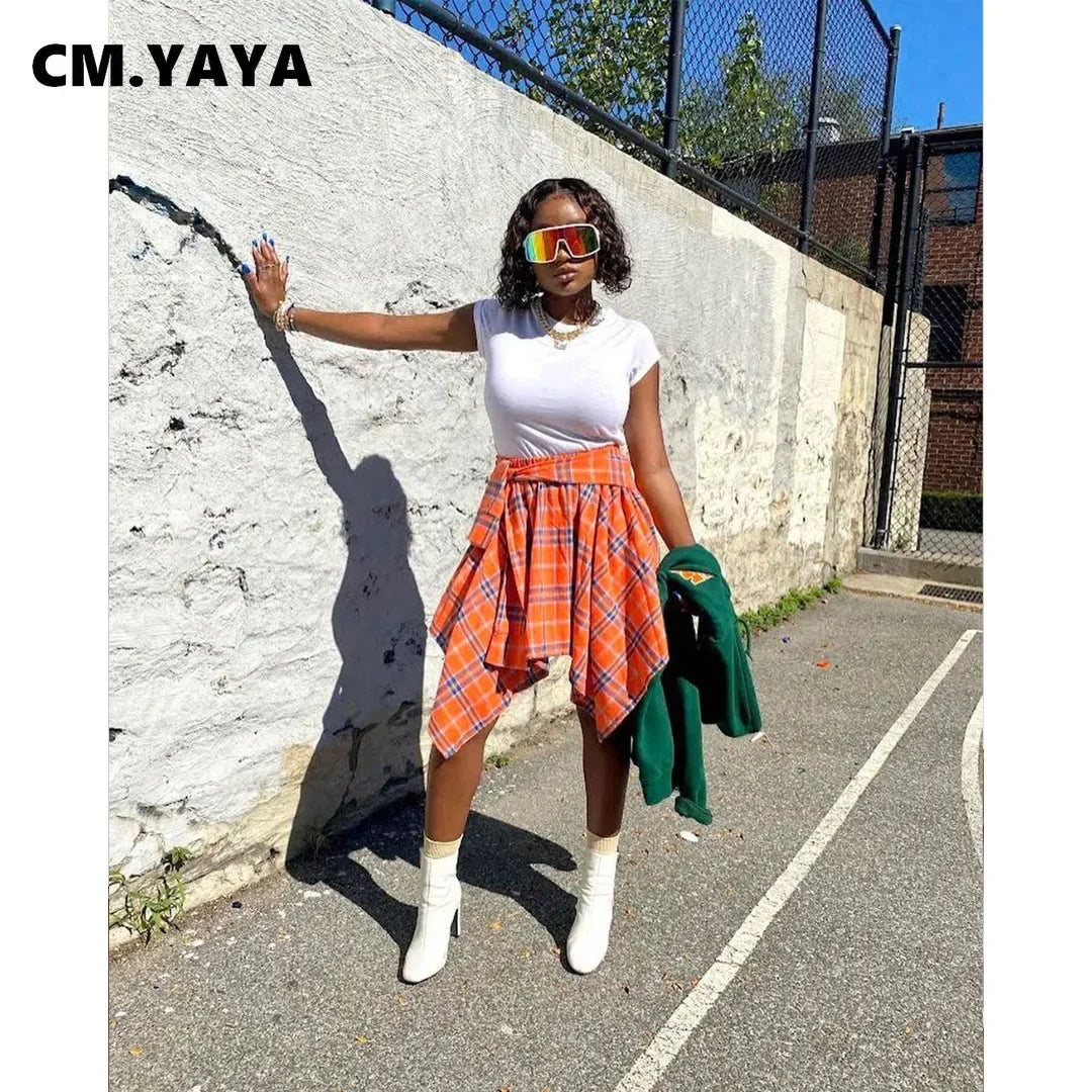 CM.YAYA Women Plaid Irregular High Waist Knee Length Skirts 2022 Summer Holiday Streetwear Sleeve Wrapped Lace Up Waist Skirt