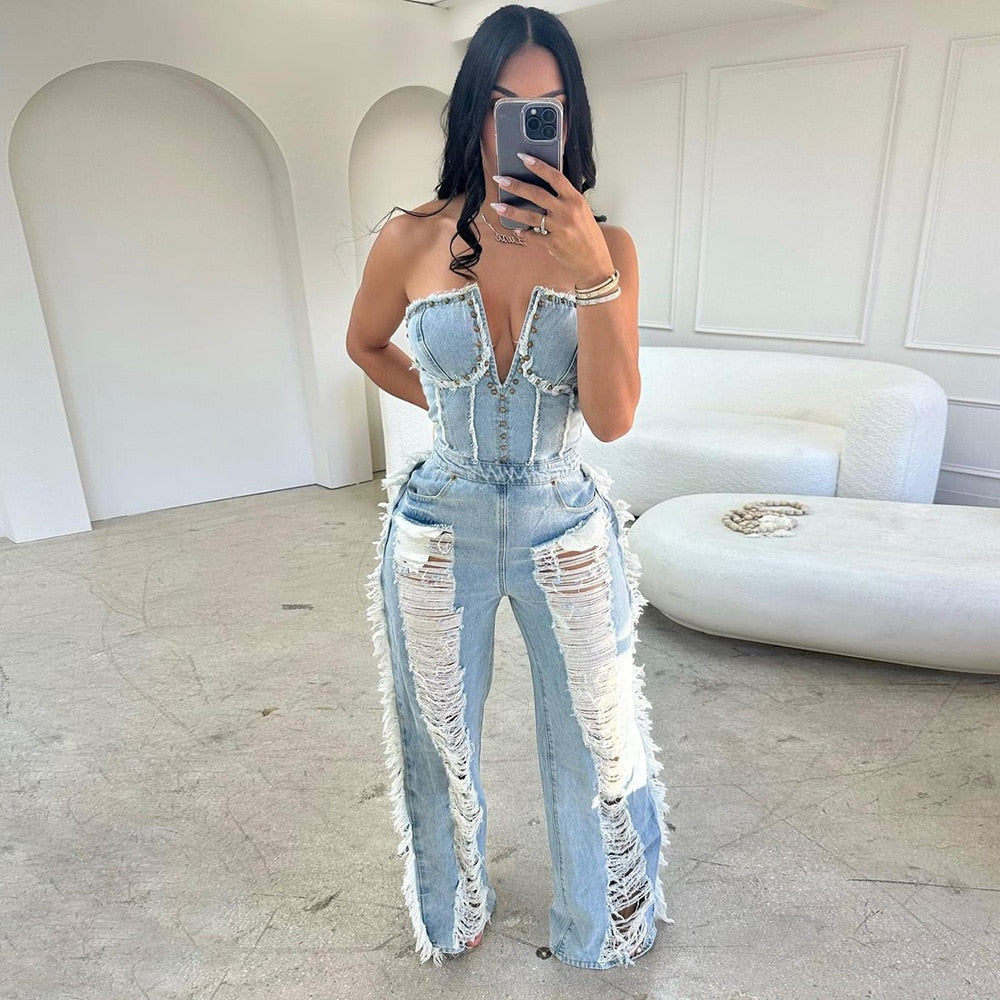 Vintage Hole Tassel Denim Jumpsuit Women 2024 New Fashion Sexy Off The Shoulder V Neck Rivet Club Party Romper Y2K One Pieces