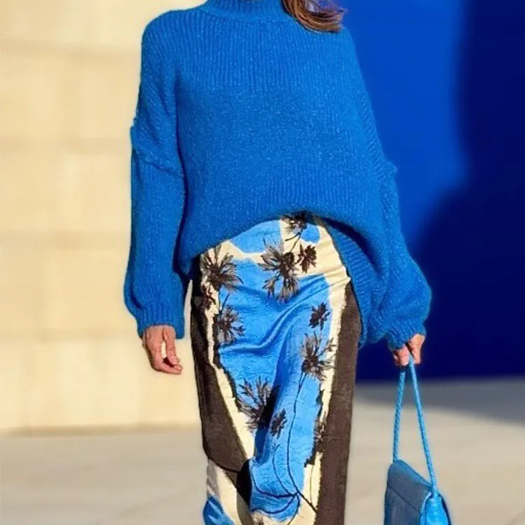 TRAFZA Summer New Fashion Holiday Printed Midi Long Skirt Zipper High Waist A Line Straight Skirts Vent Back Female Y2K