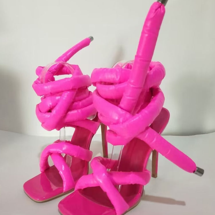 Summer New Square Head Slim High Heel Sandals Wrapped Around The Feet Fashion Show Dress 43 Large Women's Sandals rose