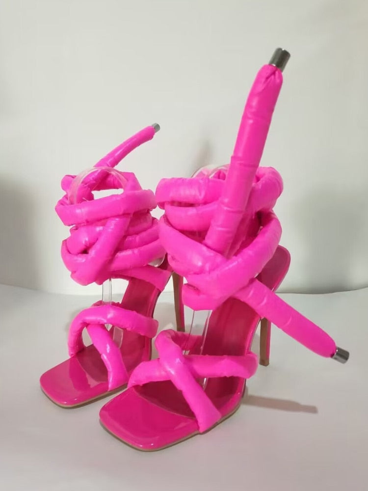 Summer New Square Head Slim High Heel Sandals Wrapped Around The Feet Fashion Show Dress 43 Large Women's Sandals rose