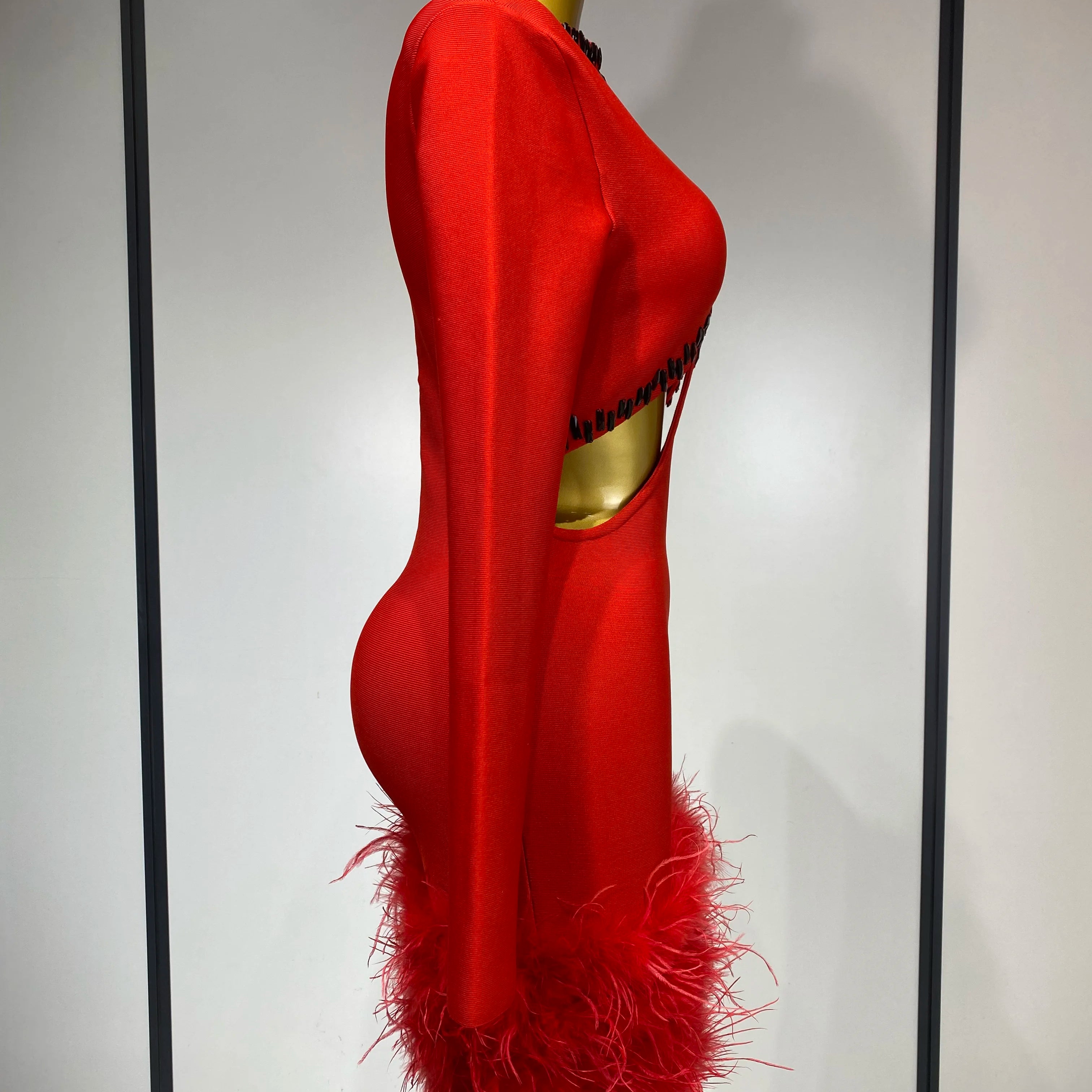 Women Sexy Cut Out Long Sleeve Beading Feather Red Mini Bandage Dress Celebrity Elegant Evening Party Luxury Birthday Dresses