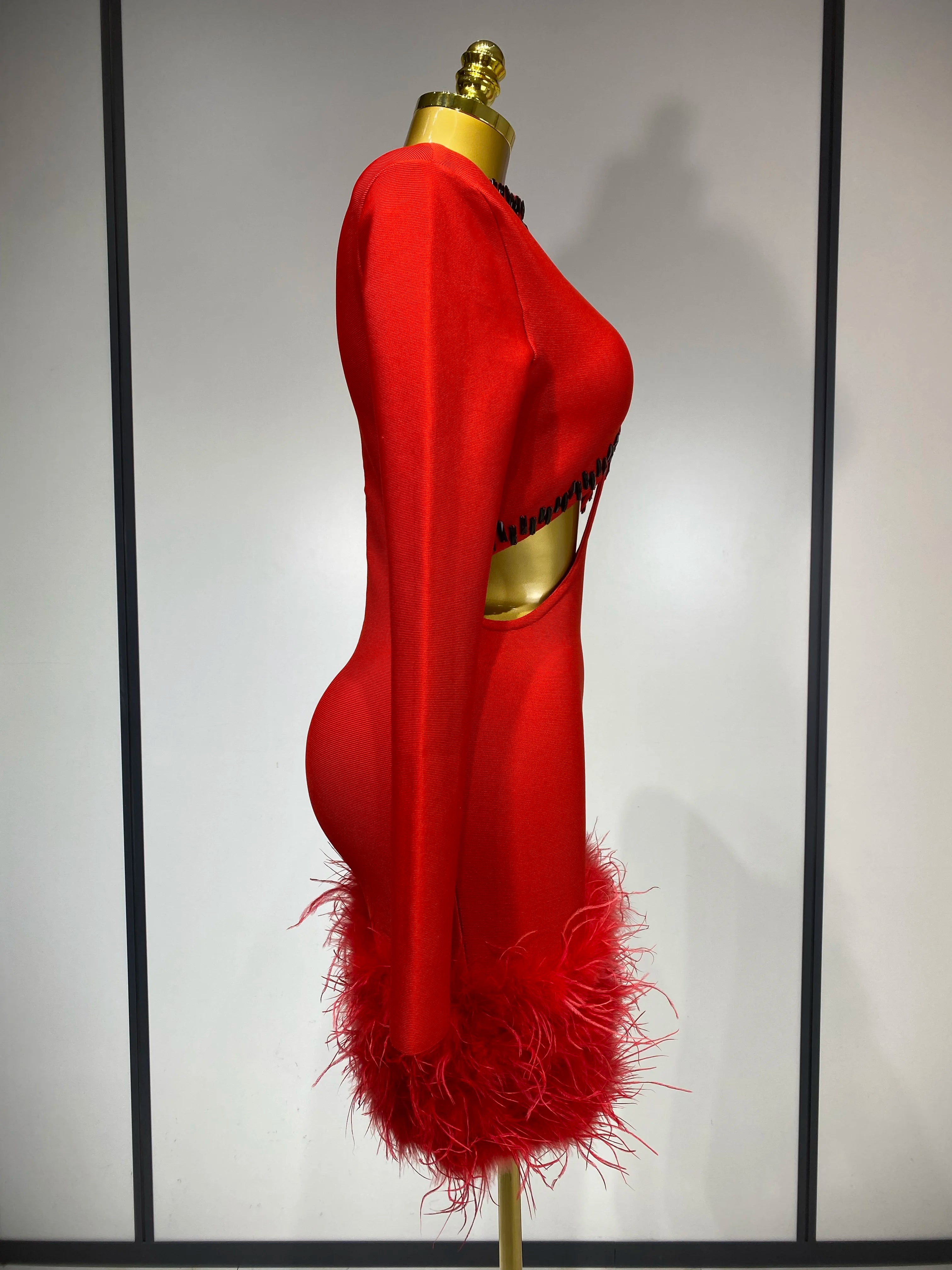 Women Sexy Cut Out Long Sleeve Beading Feather Red Mini Bandage Dress Celebrity Elegant Evening Party Luxury Birthday Dresses