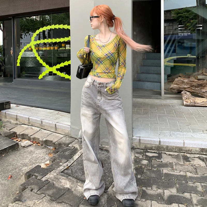 Grey Womens Jeans High Waist Straight Baggy Denim Pants American Korean Fashion Y2K Gradient Female Wide Leg Denim Trouser