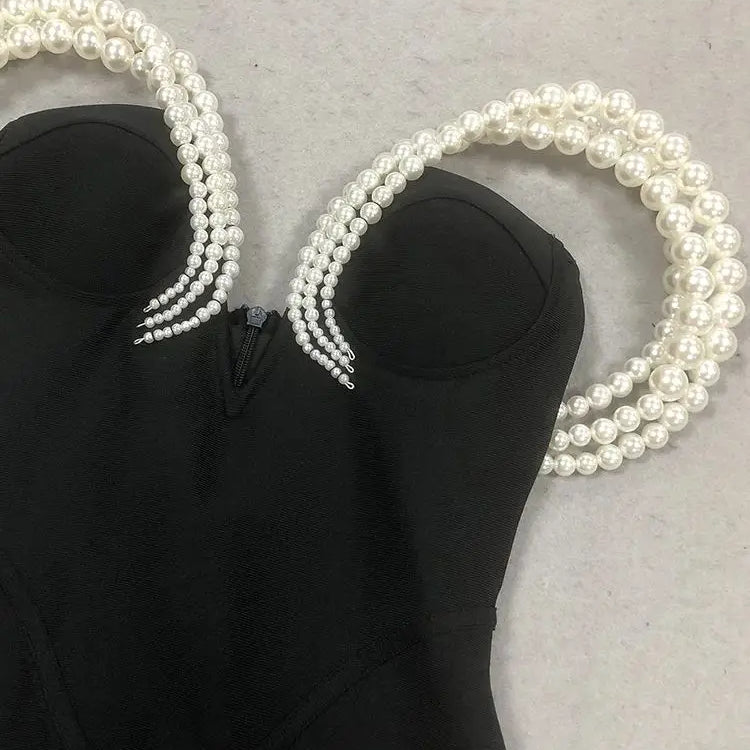 Women Sexy Black Pearl bead Maxi Long Bodycon Bandage Dress 2025 Celebrity Elegant Evening Club Party Luxury Birthday Gowns