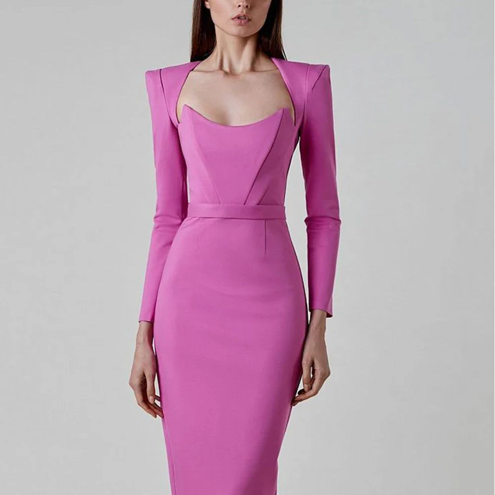Arrival Women Winter Sexy Long Sleeve V Neck Pink Black White Midi Bandage Dress Elegant Evening Club Party Dress Pink
