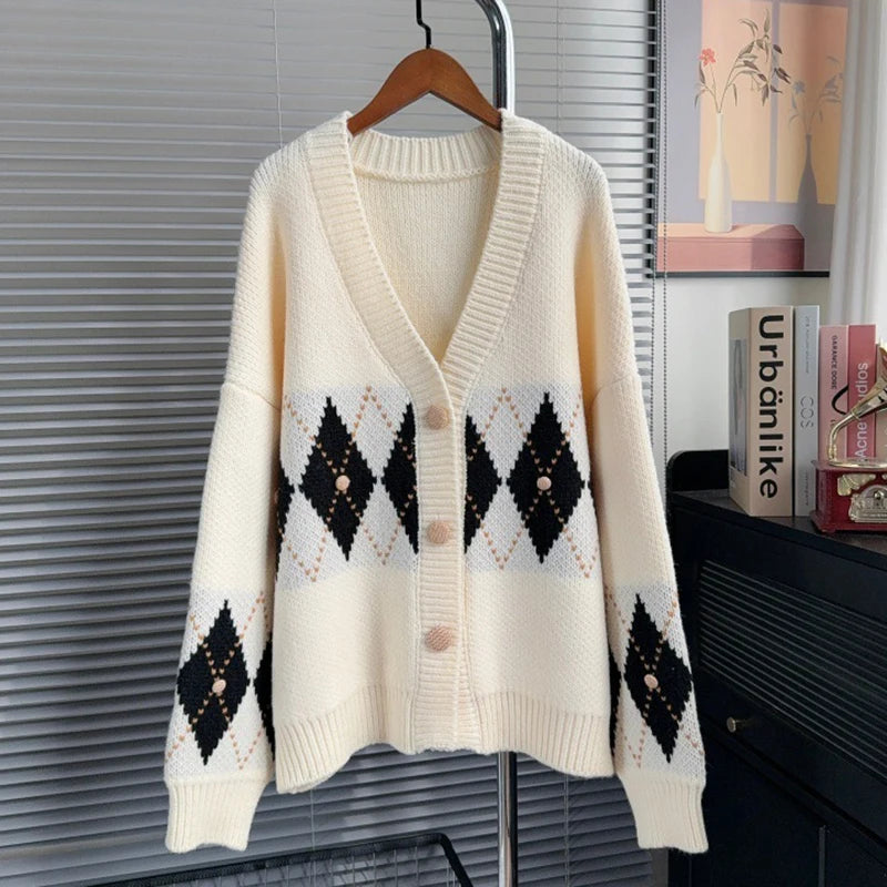 Winter Fashion Contrast Color Jacquard V-Neck Knitted Cardigan For Women Loose Lazy Style Soft Sweater Coat 11A07544 Beige One Size