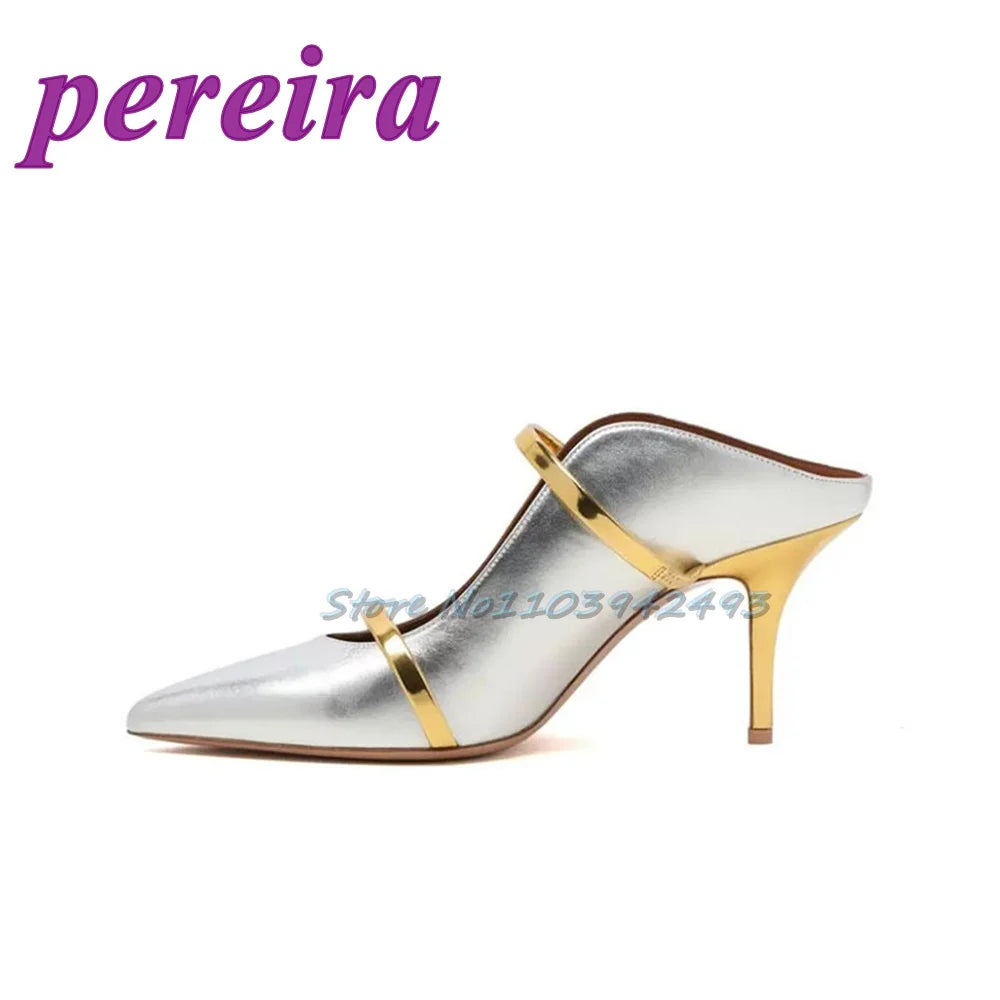 Silver Strappy Heeled Sandals Shallow Pointed Toe Heels Slip On Luxury Designer Shoes Sandalias De Mujer Zapatillas Summer 2025