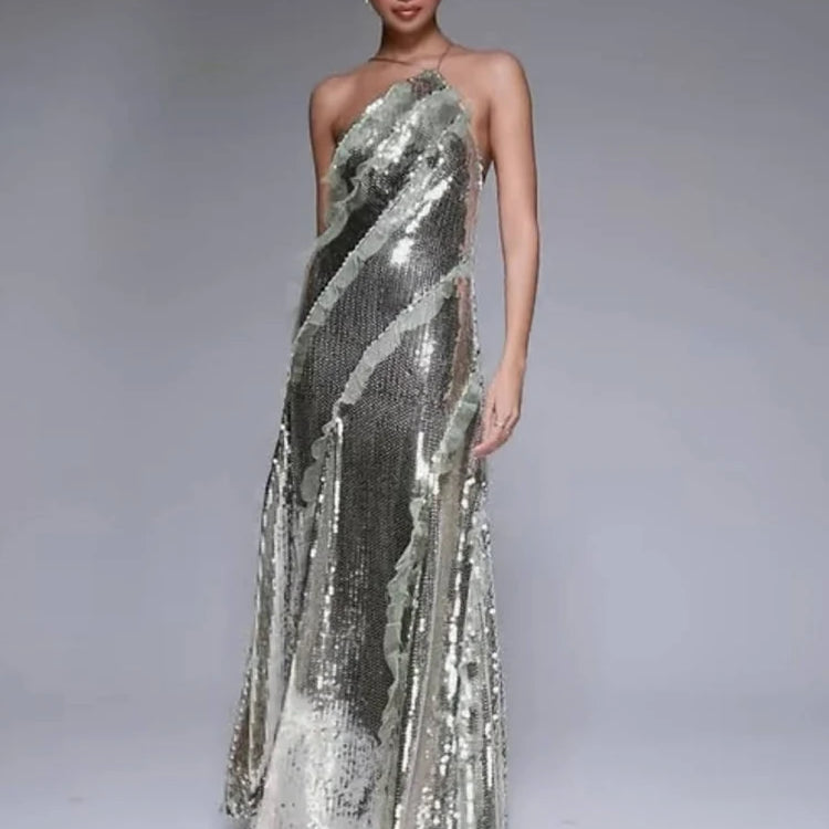 Starry Silver Sequin Strappy Backless Sleeveless with Ruffle Mesh Details Dressfor Party Glamour Gown