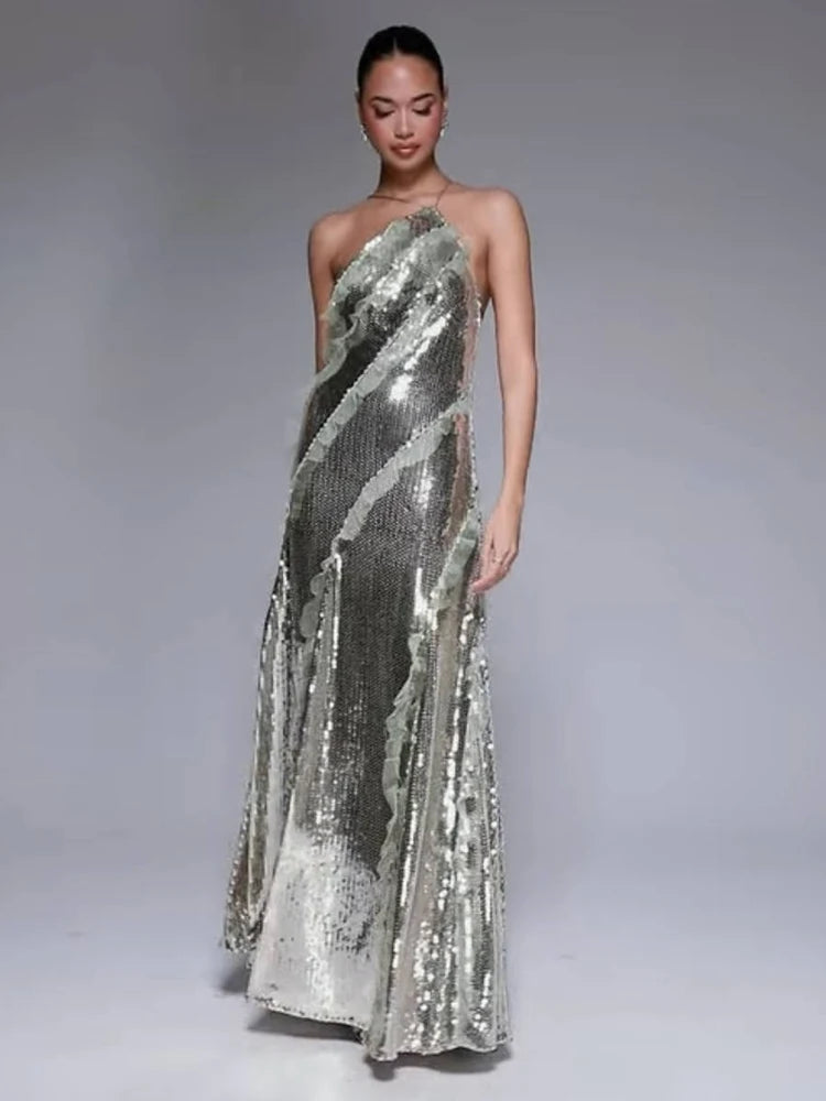 Starry Silver Sequin Strappy Backless Sleeveless with Ruffle Mesh Details Dressfor Party Glamour Gown