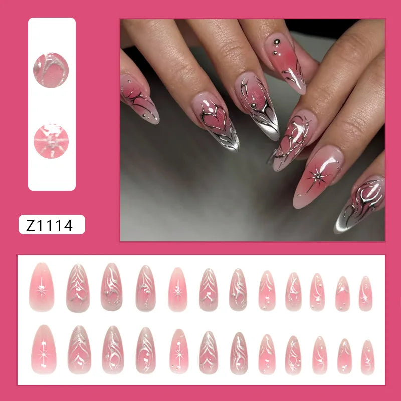 24pcs Ins Almond Press on Nails Gothic Sliver Metal Line y2k Fake Nails Detachable Wearable Sweet Cool Spicy Girl False Nails 3