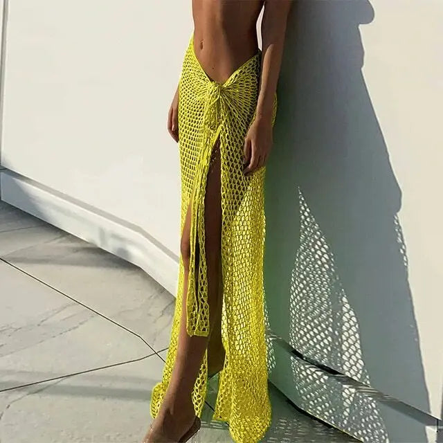 Croche Beach Cover Up Sexy See Through Dress for Women Knit Long Skirts Mesh Hollow Out Through Wrap White Midi Skirt yellow One Size
