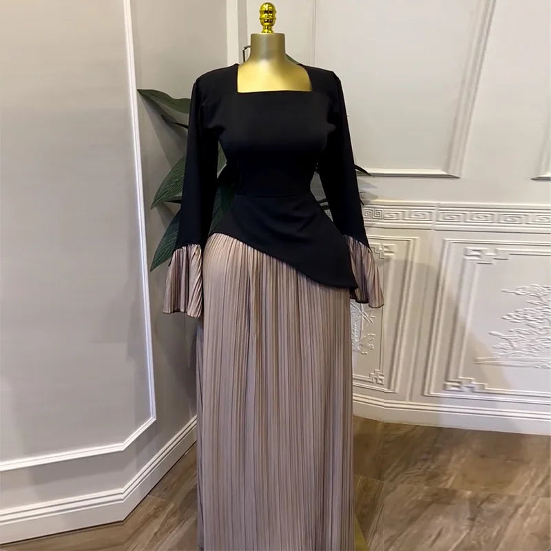 CM.YAYA Women Patchwork Flare Long Sleeve U-collar Pleated Big Swing Maxi Long Dress 2025 Birthday Sexy Club Party Even Dresses