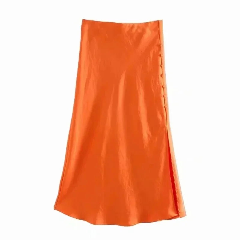 Foridol High Waist Button Slit Midi Satin Skirts Womens Autumn A-line Silk Elegant Skirt Bottoms Office Skirt Faldas Mujer Orange