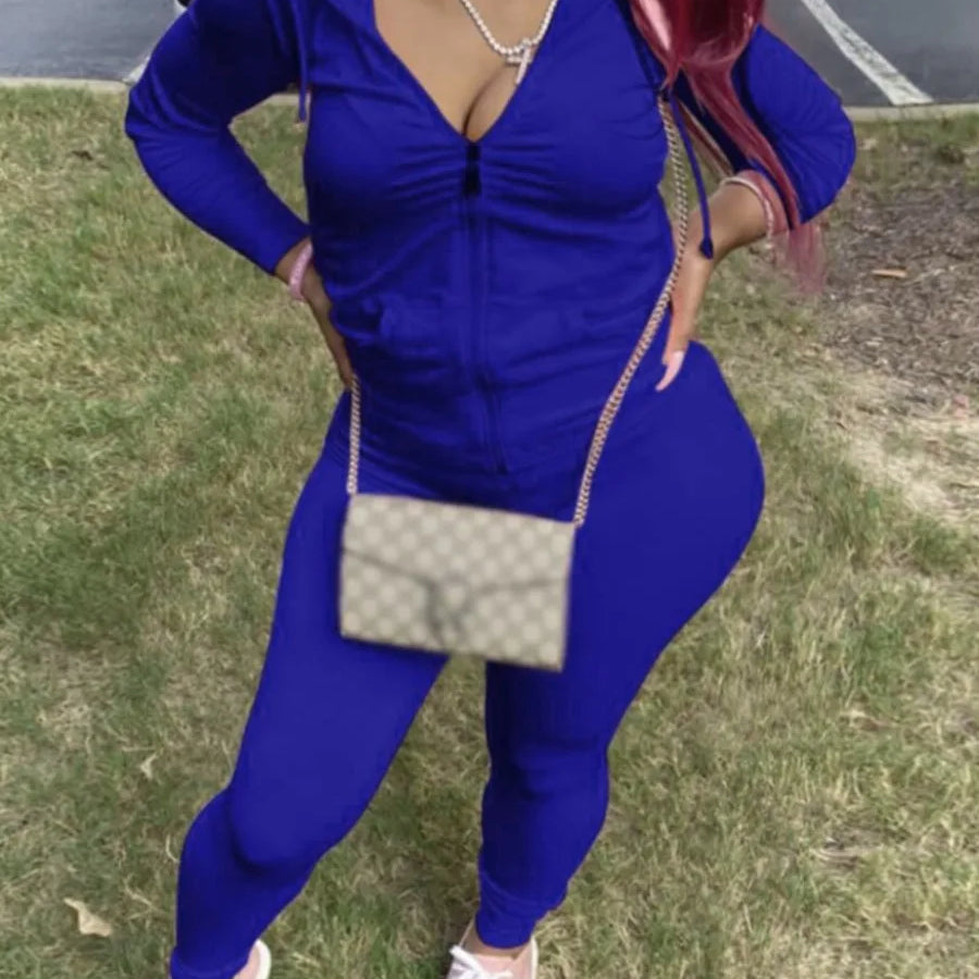 LW Plus Size Autumn Womens Kangaroo Long Sleeve Casual Tracksuit Set Hooded Collar Pocket Design Two Piece Pants Set Outifits Blue