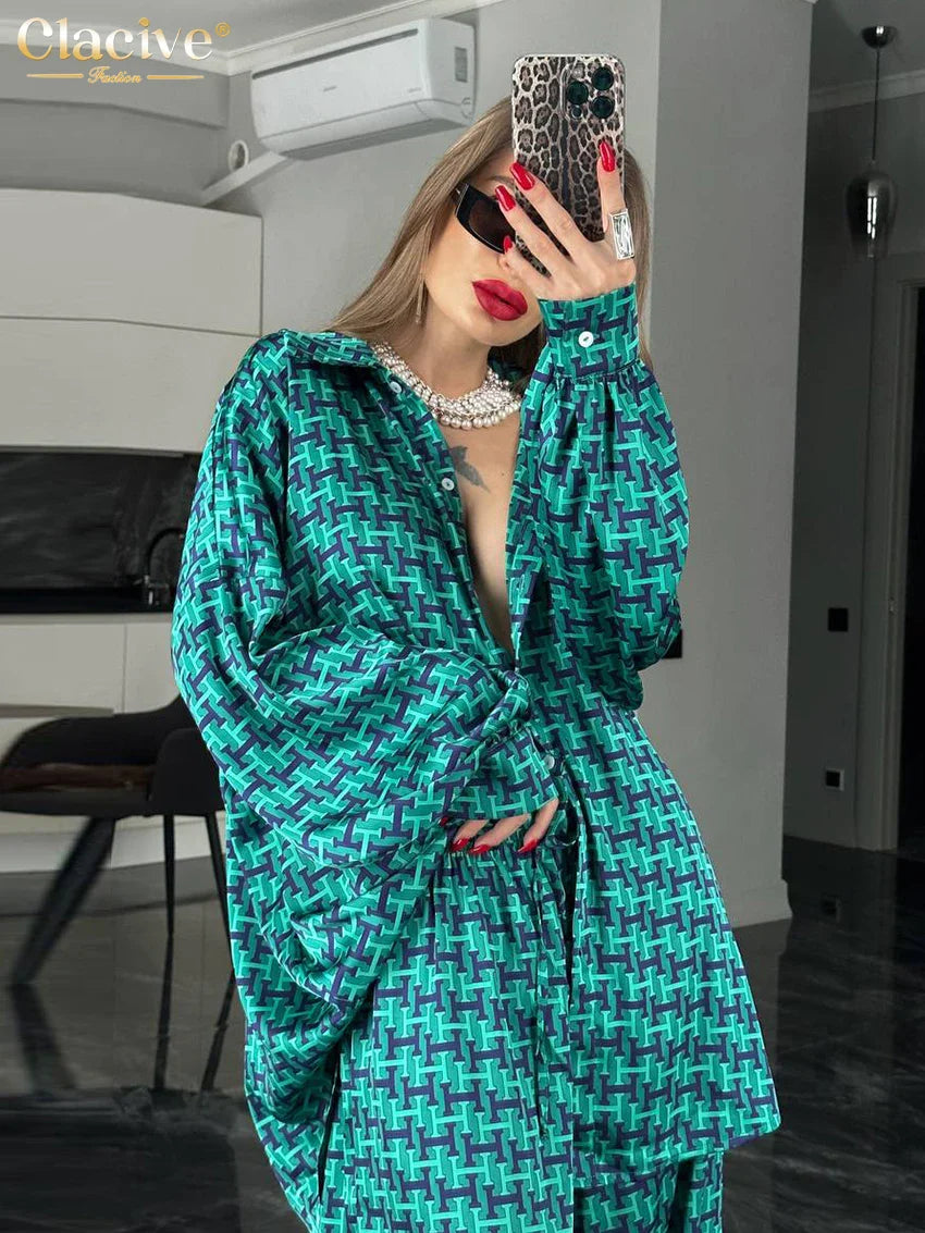 Clacive Fashion Loose Print 2 Piece Sets Women Outfit Elegant Long Sleeve Shirt With High Waist Wide Pants Set Streetwear