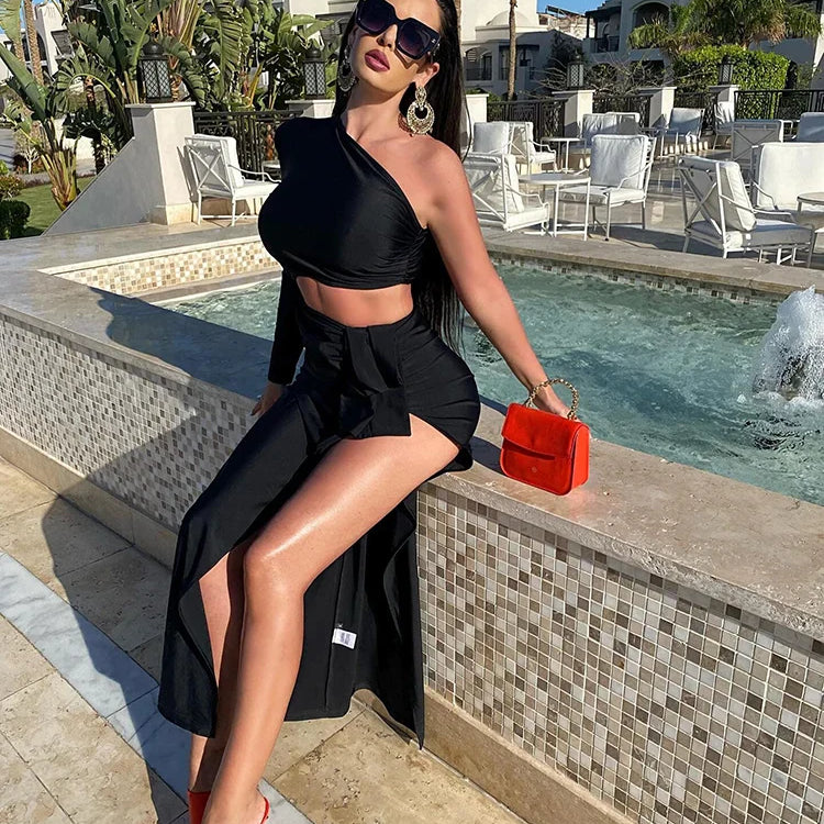 Black Long Dress Women Diagonal Collar One-Shoulder High Slit Ruched Design Evening Party Dress 2022 Autumn Winter New