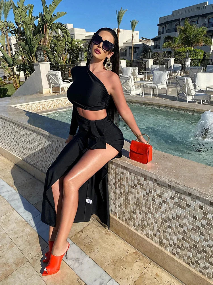 Black Long Dress Women Diagonal Collar One-Shoulder High Slit Ruched Design Evening Party Dress 2022 Autumn Winter New