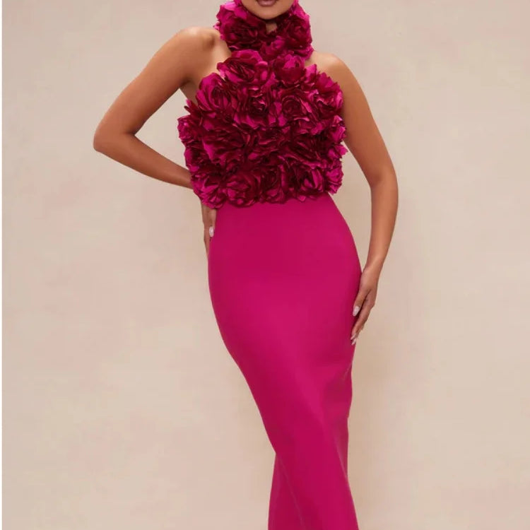 Rosered White Women Sexy Halter Off the Shoulder Backless Bodycon Long Bandage Dress Florals Celebrate Nightclub Party Wear