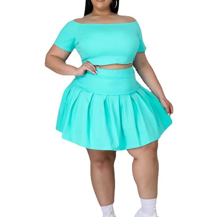 5xl Plus Size Women Clothing Wholesale Summer Outfits Crop Tops and Pleated Skirt Tracksuit Sweet Dress Suits Dropshipping Turquoise
