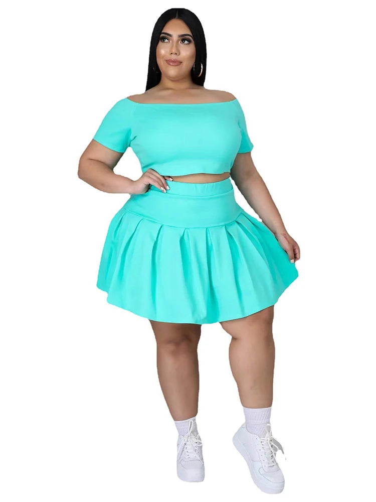 5xl Plus Size Women Clothing Wholesale Summer Outfits Crop Tops and Pleated Skirt Tracksuit Sweet Dress Suits Dropshipping Turquoise