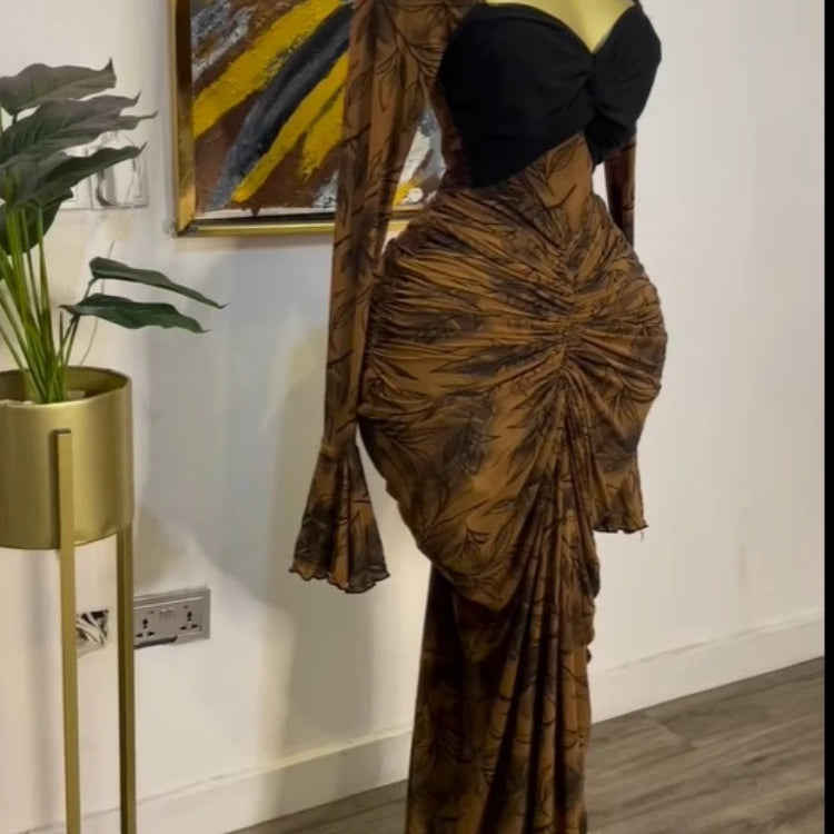 Women Leaf Printed Stacked Ruched Draped V-neck Maxi Long Bodycon Dress 2025 Holiday Birthday Club Party Evening Dresses