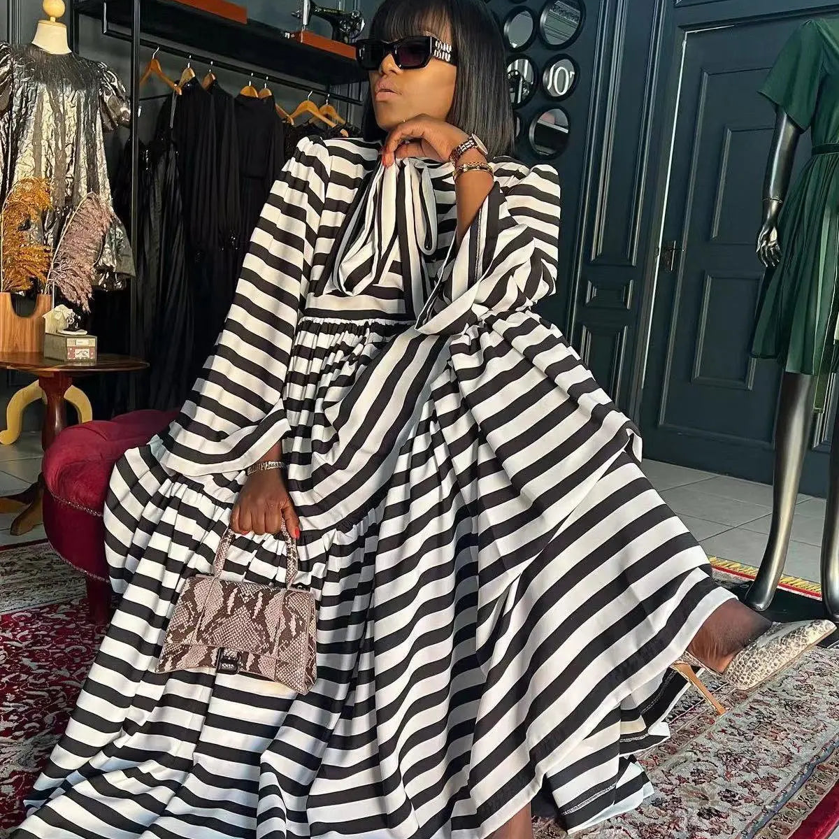 CM.YAYA Vintage Women Striped Bowknot Collar Long Sleeve High Waist Big Swing Babydoll Maxi Long Dress 2023 New Vestidos Dresses