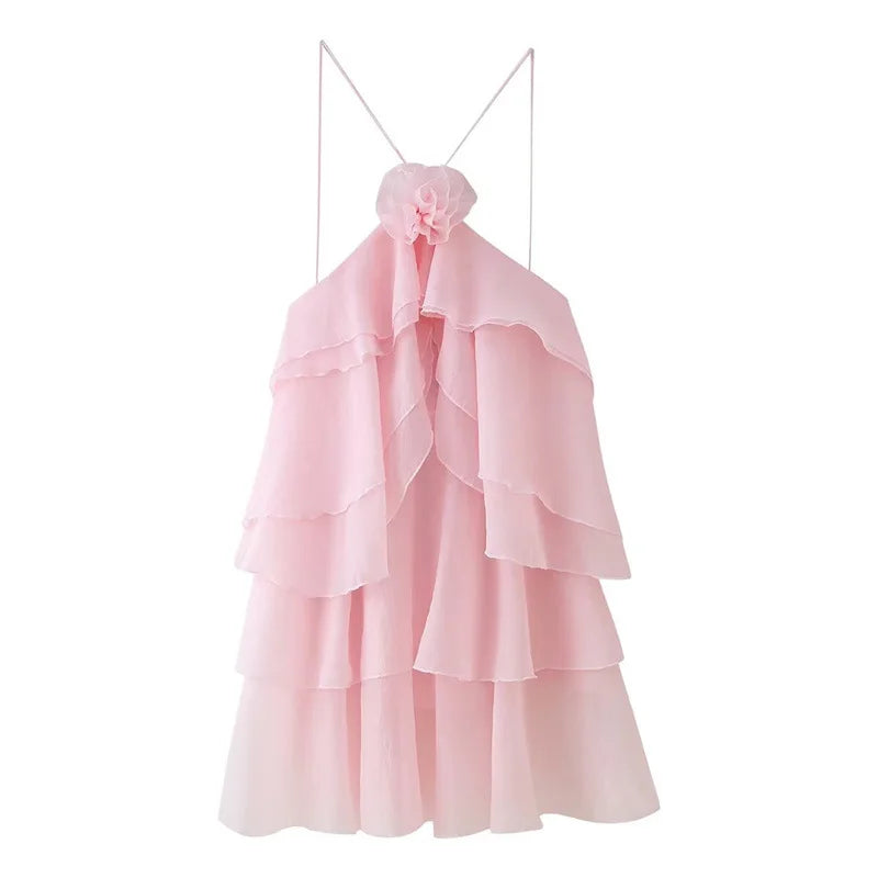 Women Sleeveless Cascading Ruffles Smock Big Swing Dress 2025 Birthday Vacation Street Summer Party Dresses Vestidos Pink