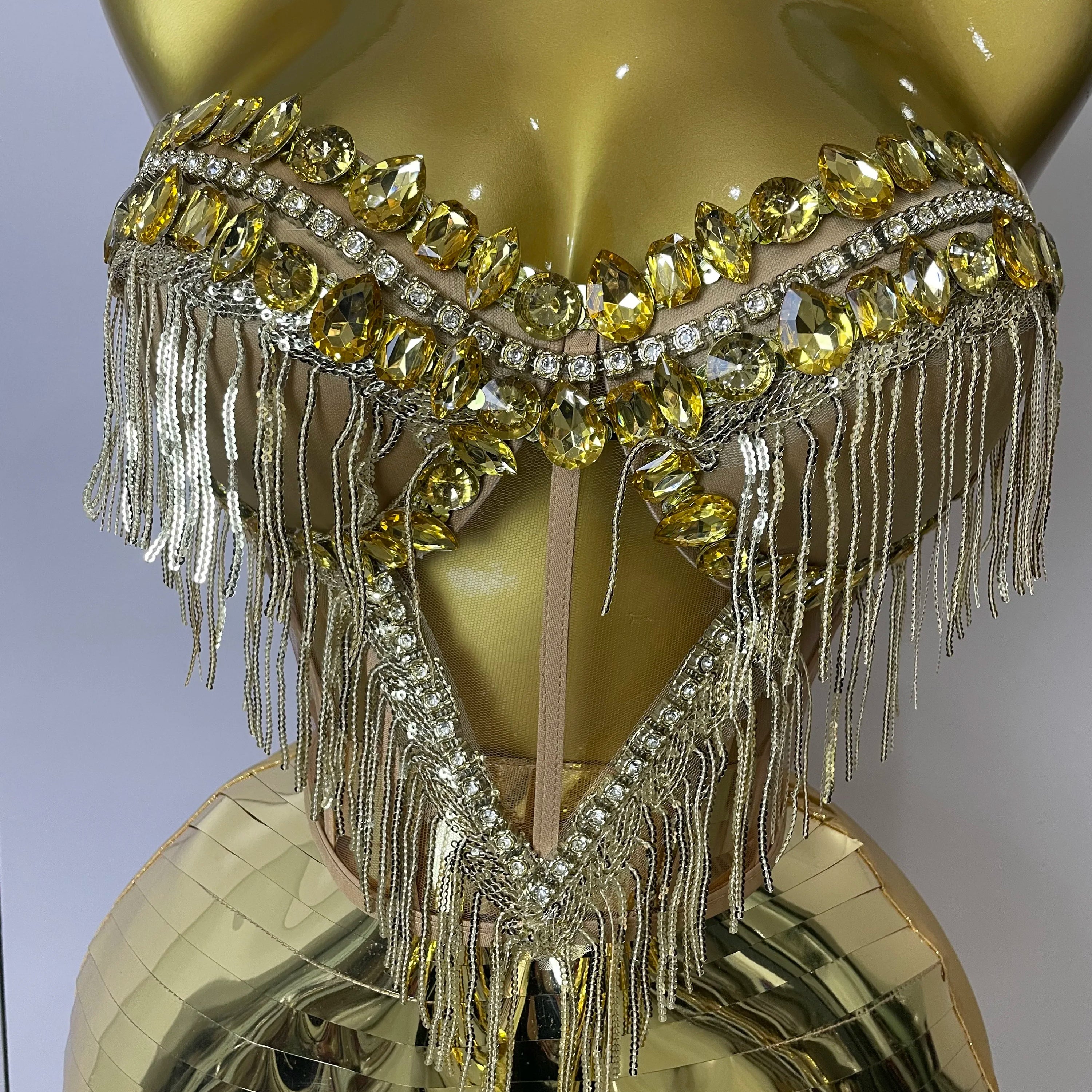 Sparkly Gold Rhinstones tassels Top Skirt Two-piec Set 2025 Women Sexy Strapless Designer Nightclub Evening Party Stage Outfit