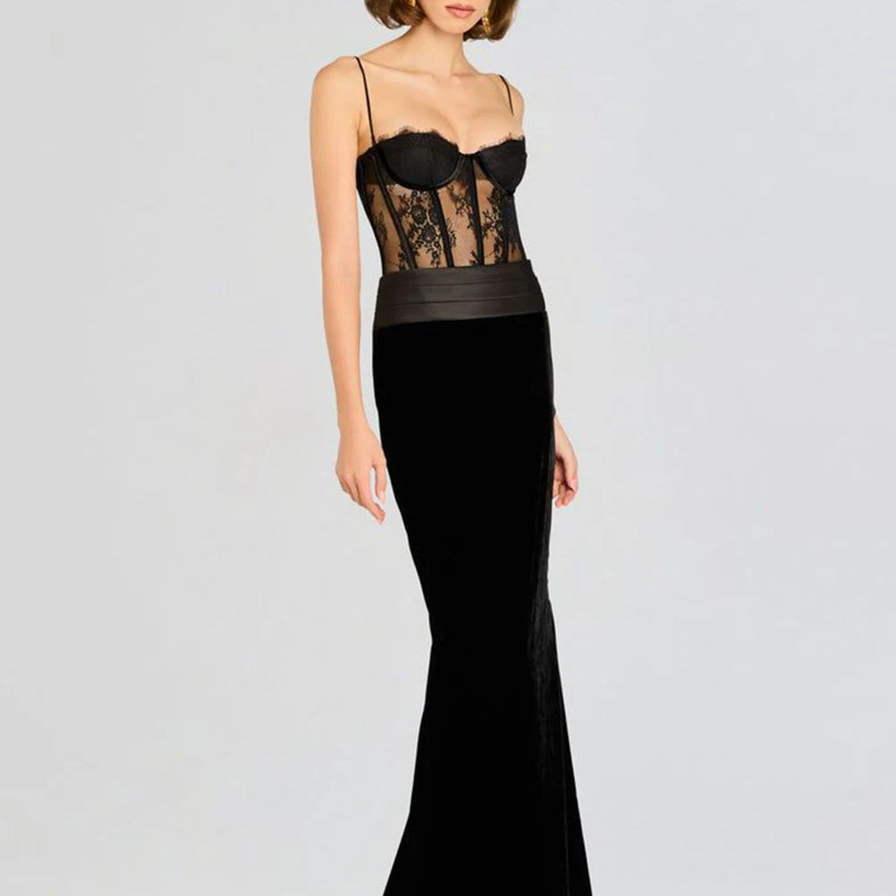 Women'S Sling Velvet Long Dress Sexy See Through Lace Slim Fishbone Dress Elegant Celebrity Evening Party Gowns
