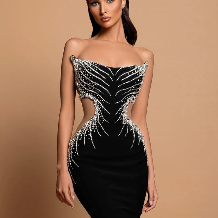 Strapless Crystal Black Maxi Long Gown Sparkling Diamond Hollow Tight Elegant Celebrity Party Evening Dress