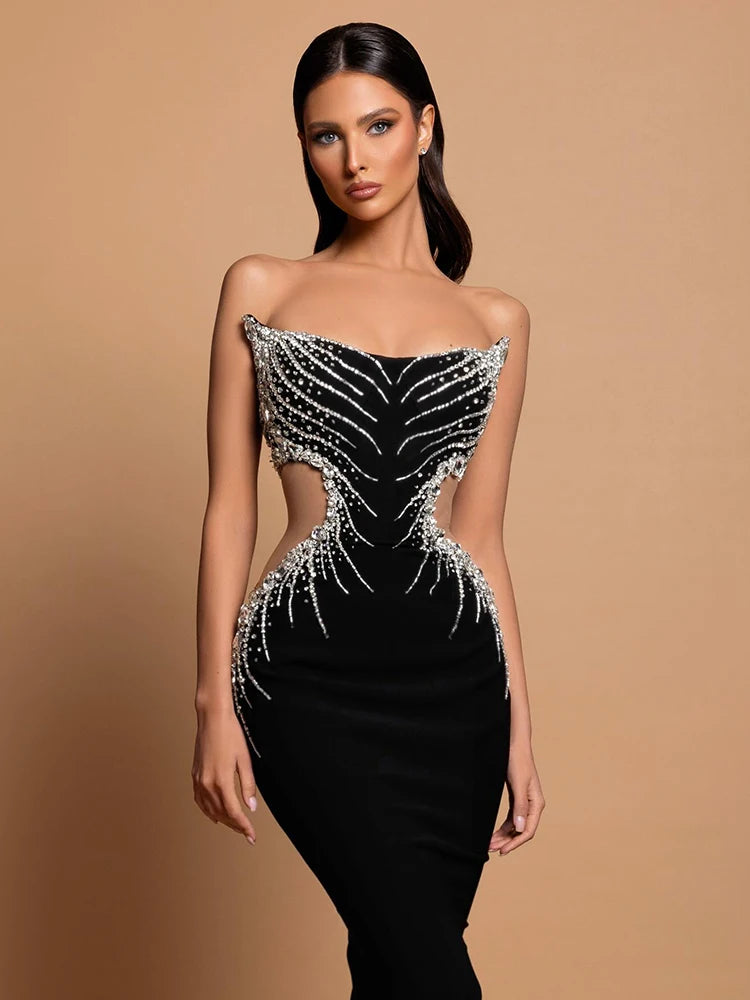 Strapless Crystal Black Maxi Long Gown Sparkling Diamond Hollow Tight Elegant Celebrity Party Evening Dress