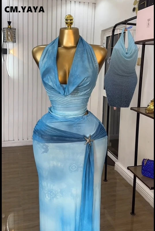 Women Tie Dye Printed Halter Pile Neck Crop Top and Bodycon Midi Maxi Long Skirt Suit 2025 Summer Two 2Piece Set Outfits