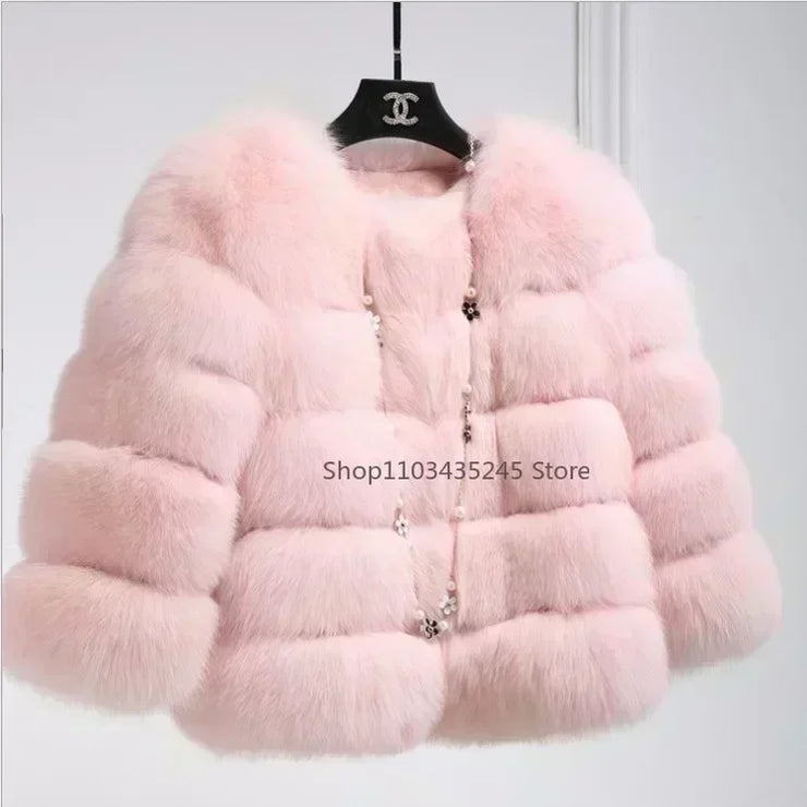 Women's Fashion Faux Fur Coat Super Hot Autumn Winter Women Short Faux Fox Fur Fluffy Jacket High Quality 5xl Ladies Furry Coats Pink
