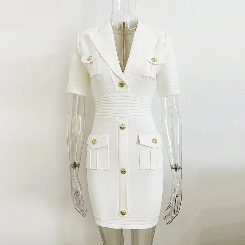 HIGH QUALITY Newest Designer Runway Fashion Women's Short Sleeve Notched Collar Lion Buttons Knitted Dress WHITE