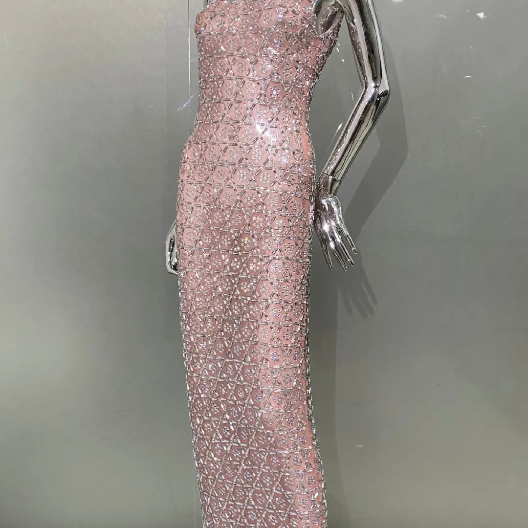 2024 Super Shining Diamonds Sexy Mesh See Through Bodycon Long Dress Fashion Woman Evening Party Dress Stage Performance Costume