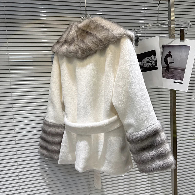 Winter New Fashion Big Fur Collar Plush Faux Fur Coat For Women Loose High-end Lace-up Waist Jacket Female 11A07741