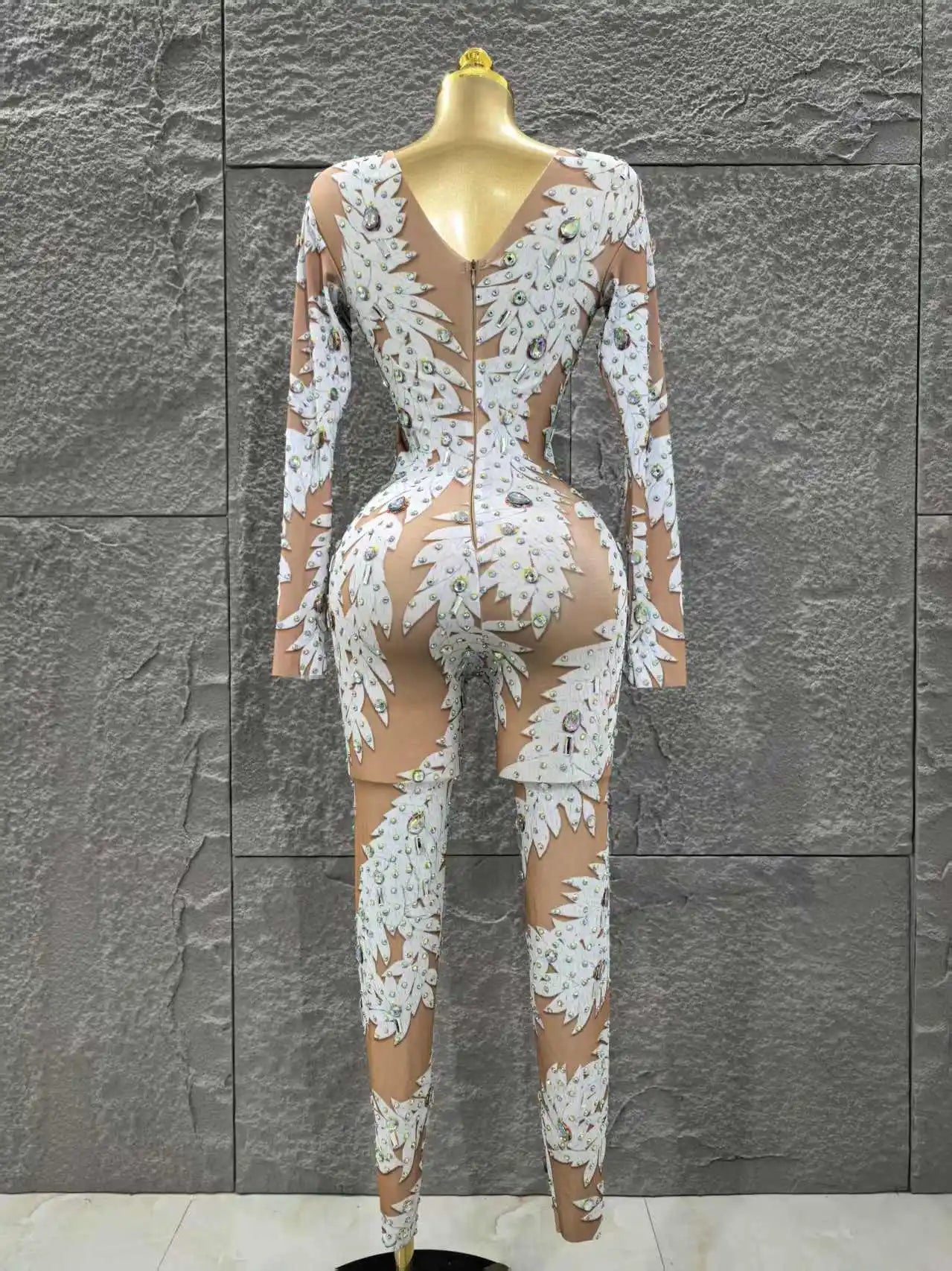 Wholesale Women Sexy Long Sleeve Shinning Rhinestones Bodycon Jumpsuit Celebrate Nightclub Party Performance Costume Stage Wear