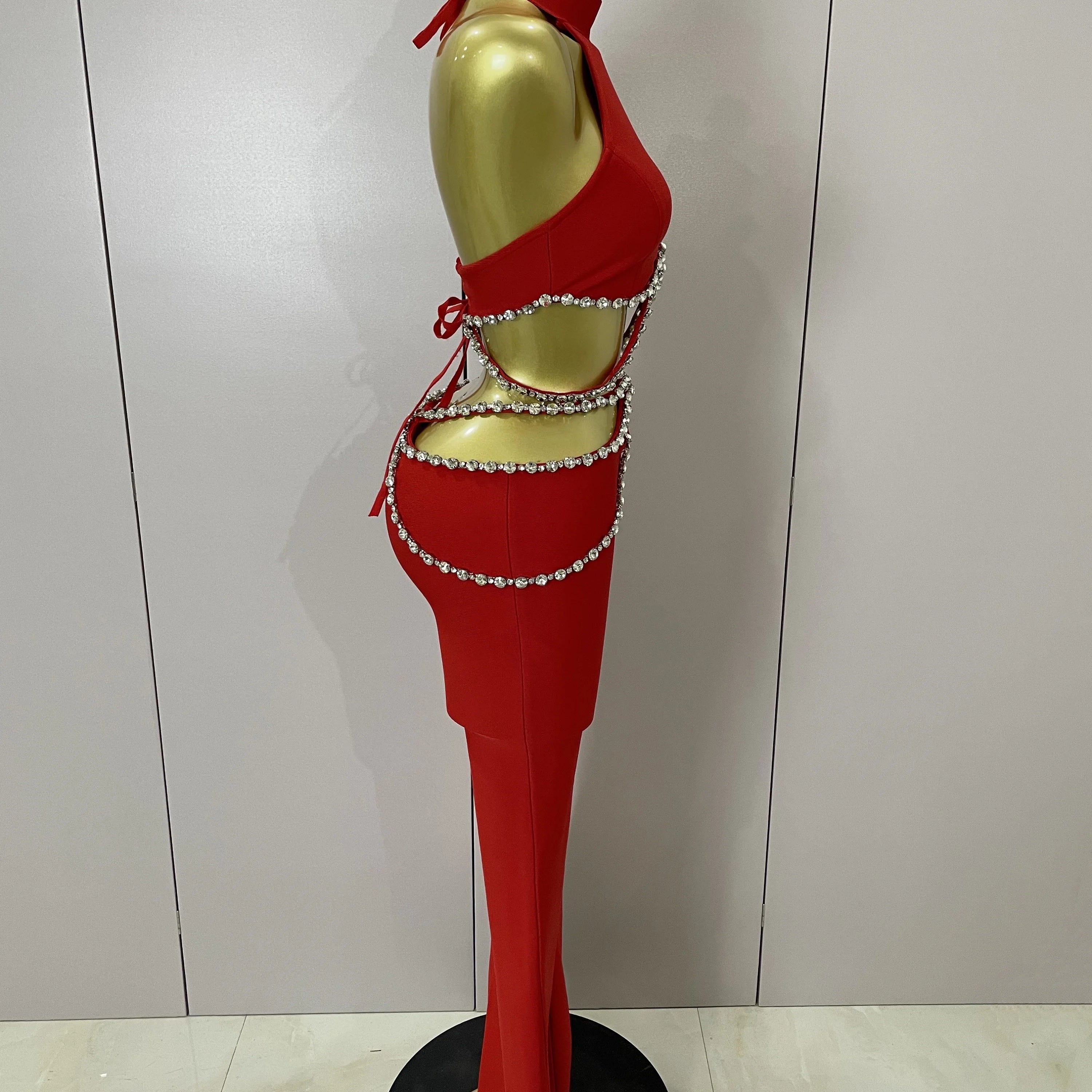 Luxury Rhinestone Red Sexy Cut Out Two Piece Pants Bandage Set 2025 Women Celebrity Designer Fashion Women's Set Stage Outfit