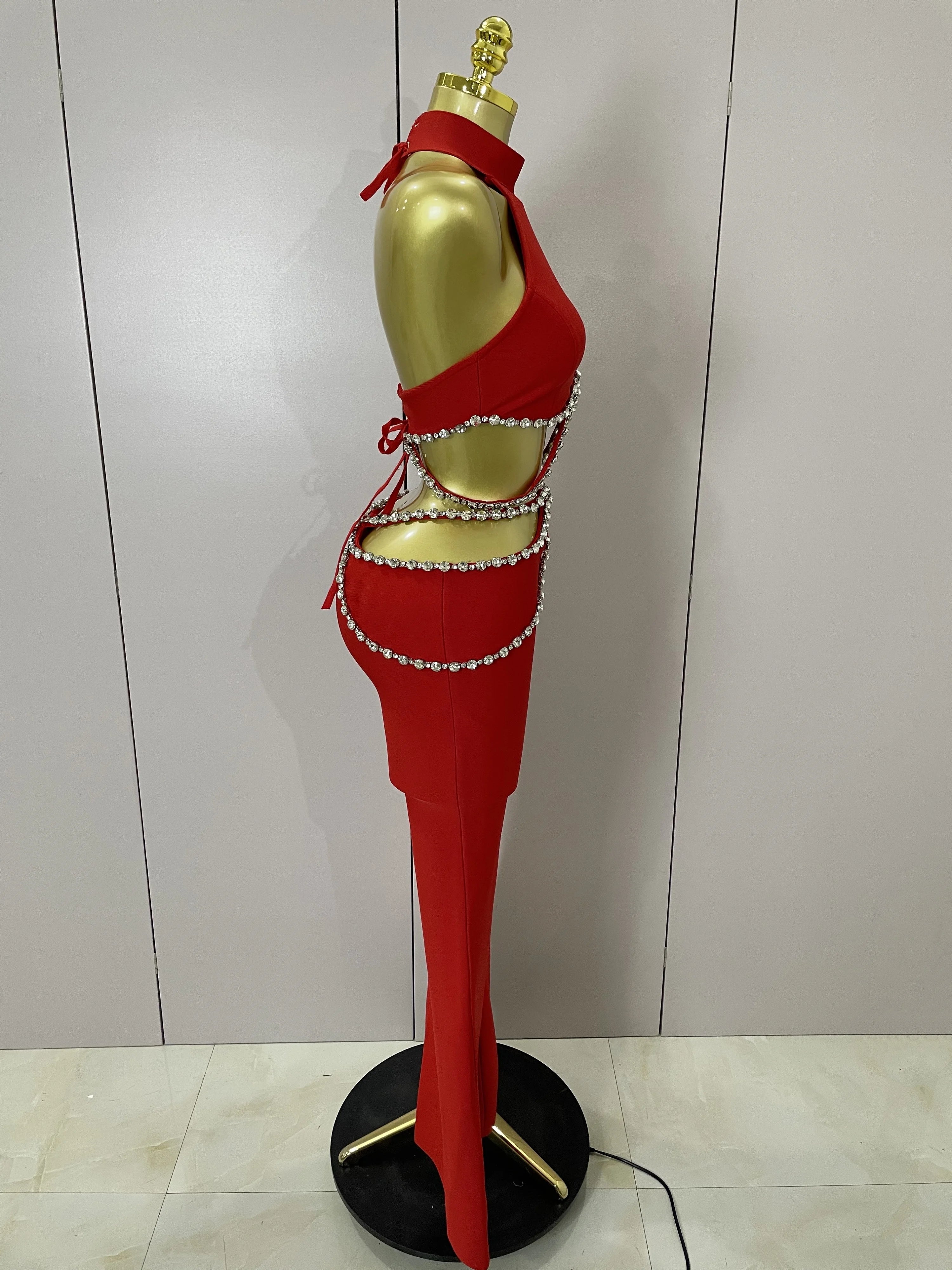 Luxury Rhinestone Red Sexy Cut Out Two Piece Pants Bandage Set 2025 Women Celebrity Designer Fashion Women's Set Stage Outfit