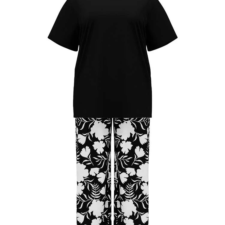 Two Piece Pants Set for Woman Summer Clothing Female Streetwear Casual Loose Tshirt and Print Trouser Plus Size Suit Set black