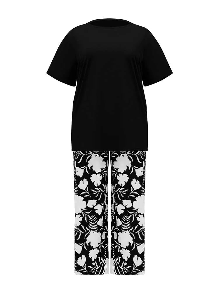 Two Piece Pants Set for Woman Summer Clothing Female Streetwear Casual Loose Tshirt and Print Trouser Plus Size Suit Set black