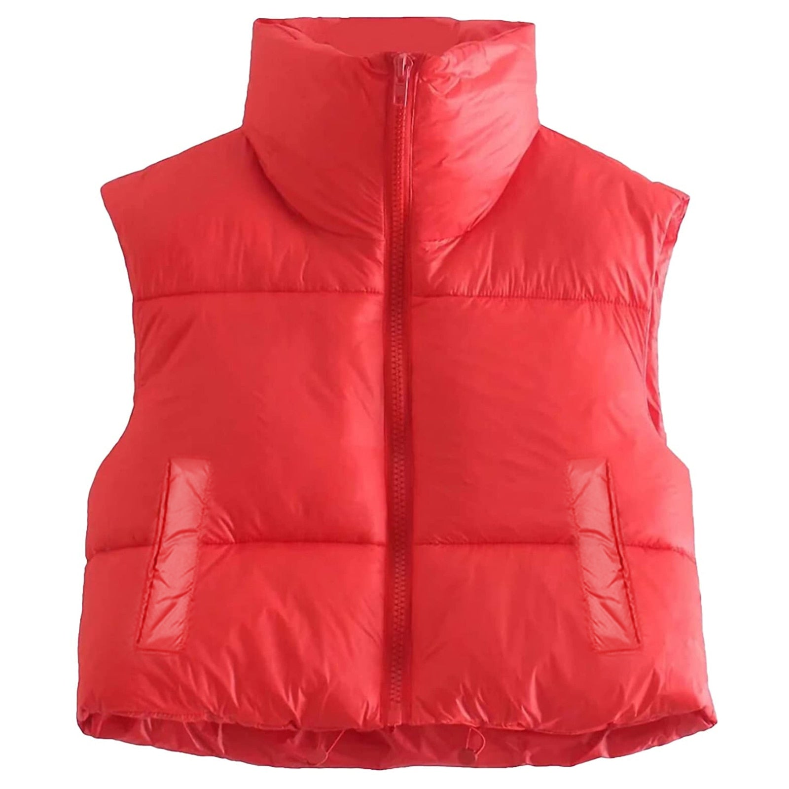 Women Winter Warm Crop Waistcoat, Sleeveless Stand Collar Double Sided Lightweight Puffer Vest Red