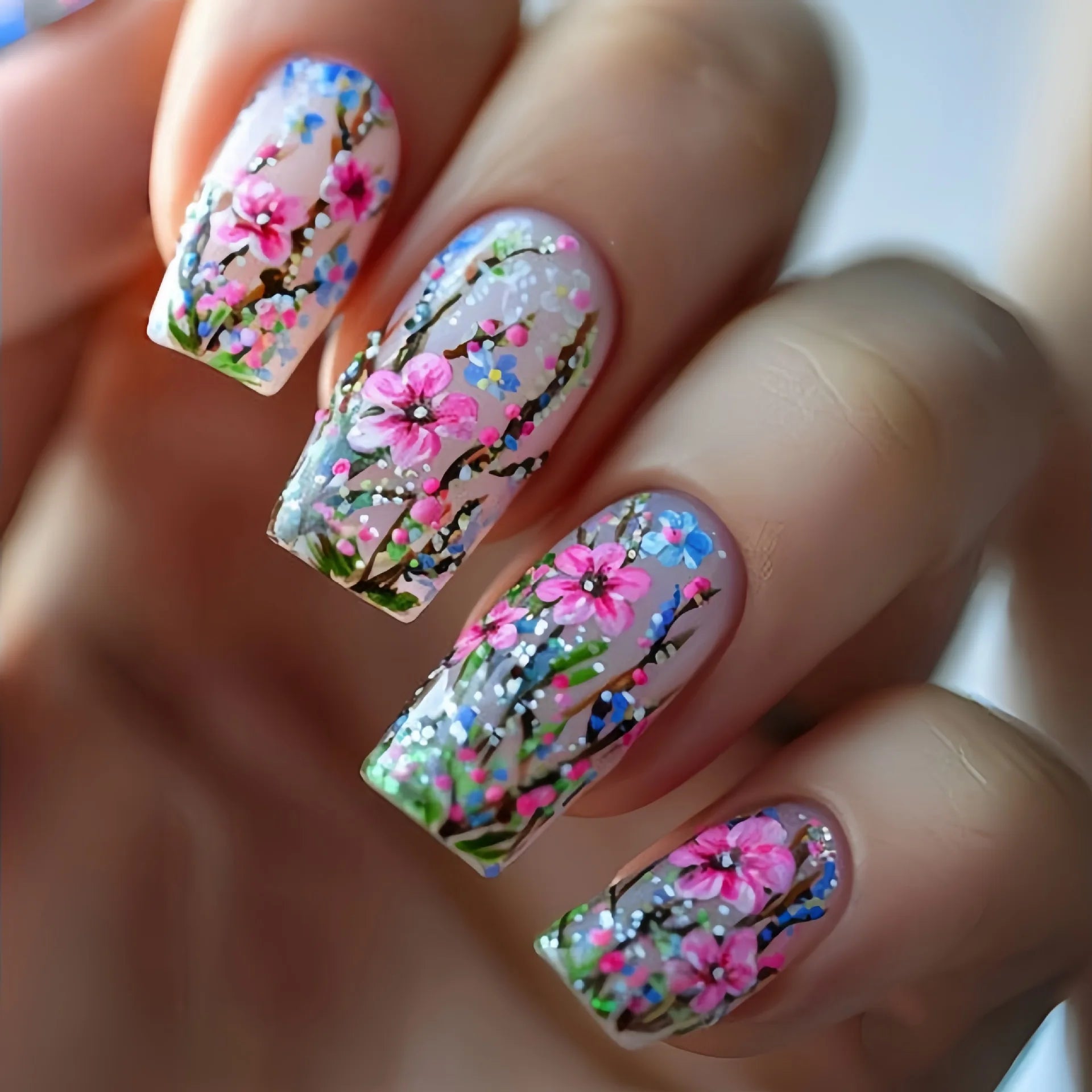 24pcs/set Medium Long fake nails for Spring summer beautiful flowers mushroom bees cute almond square tips press on false nails 2005