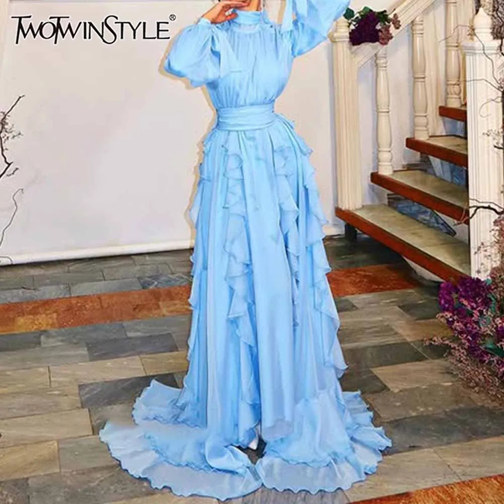 Solid Loose Midi Dresses for Women Round Neck Long Sleeves Patchwork Lace Up Temperament Dress Female Clothing New