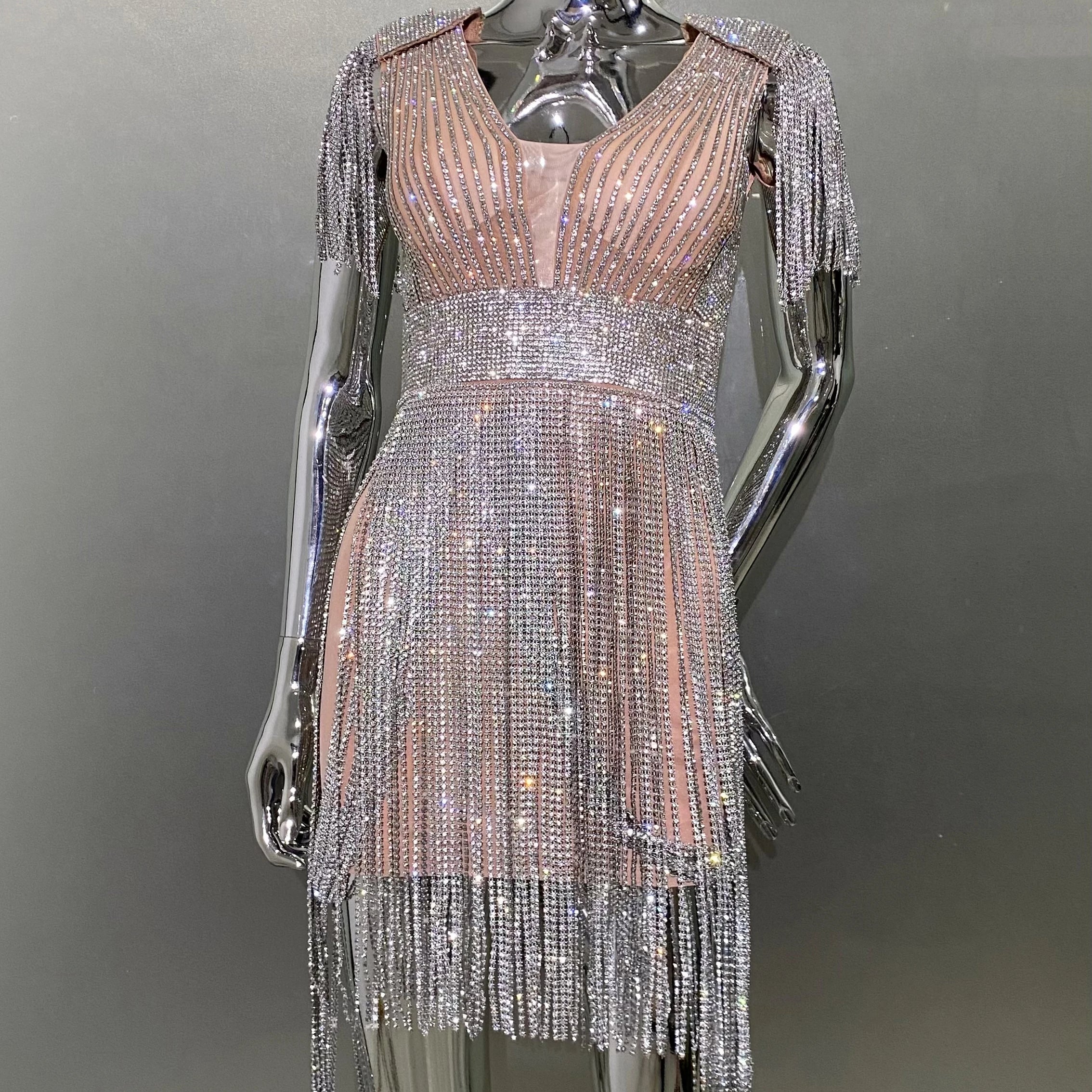 STOCK Super Shining Diamonds Tassel Sleeveless Mini Evening Dress Woman Birthday Party Outfit Performance Costume