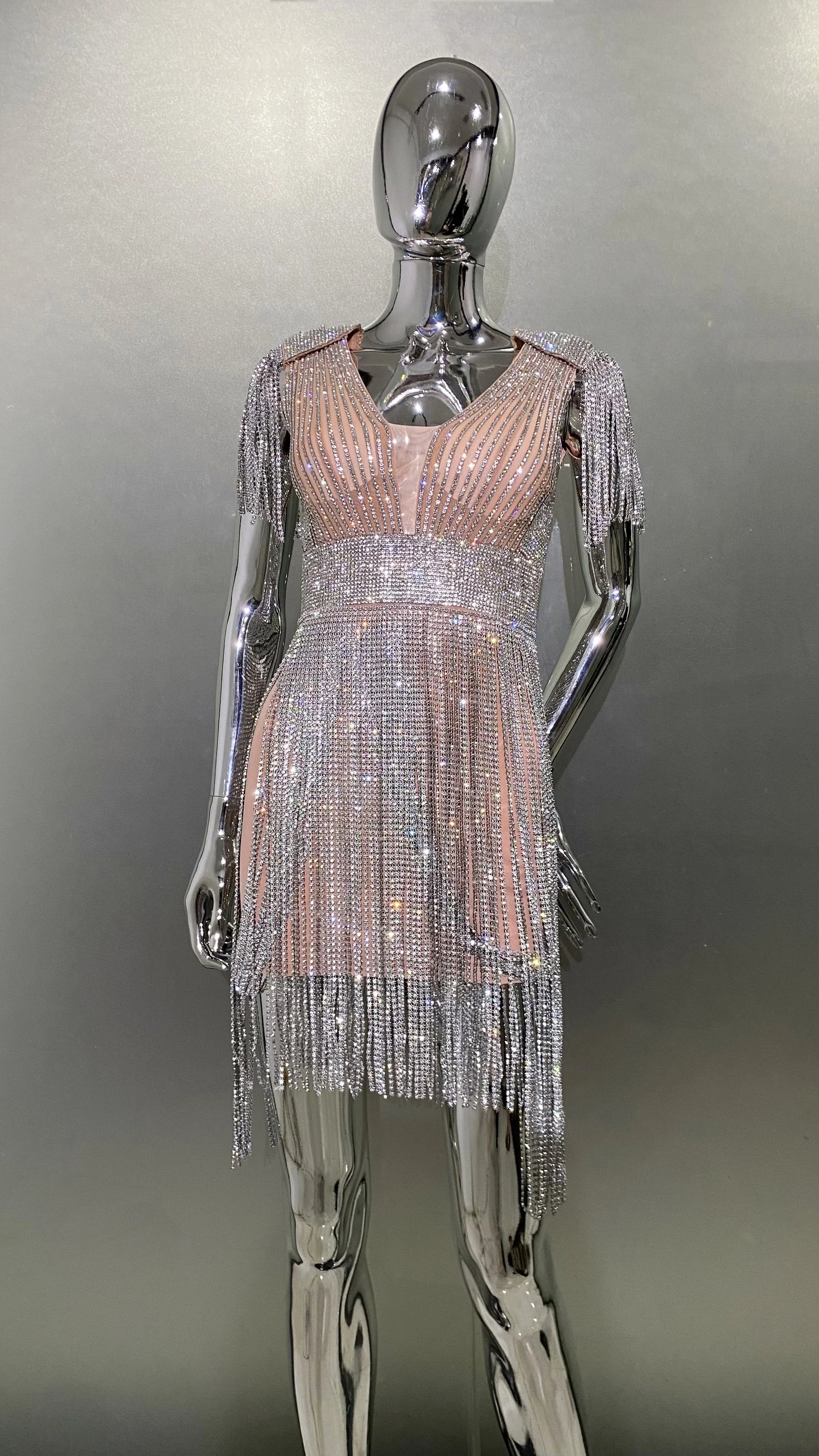 STOCK Super Shining Diamonds Tassel Sleeveless Mini Evening Dress Woman Birthday Party Outfit Performance Costume